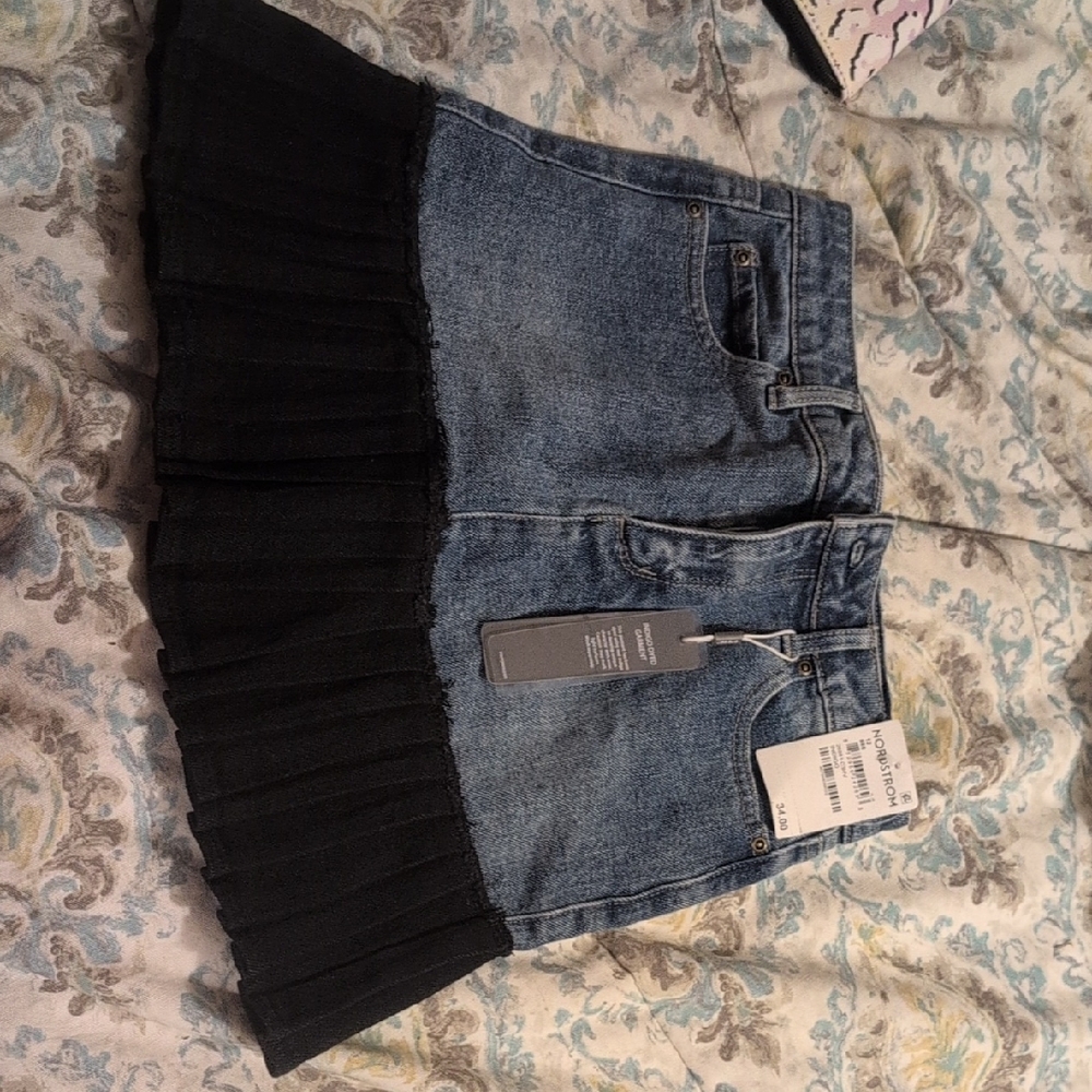 Tractr Blue Denim Skirt with Black Pleats